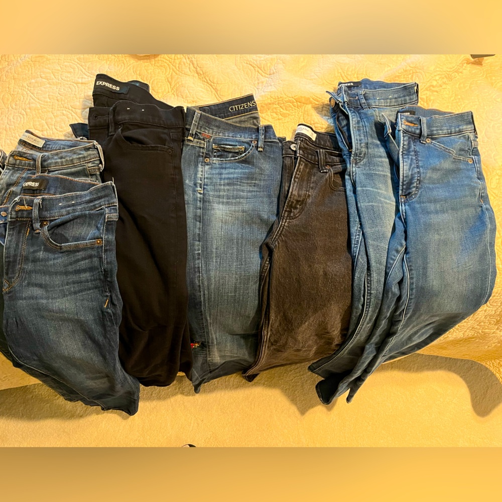 7 pairs jeans; Express; COH; banana republic; A&F- skinny flared straight